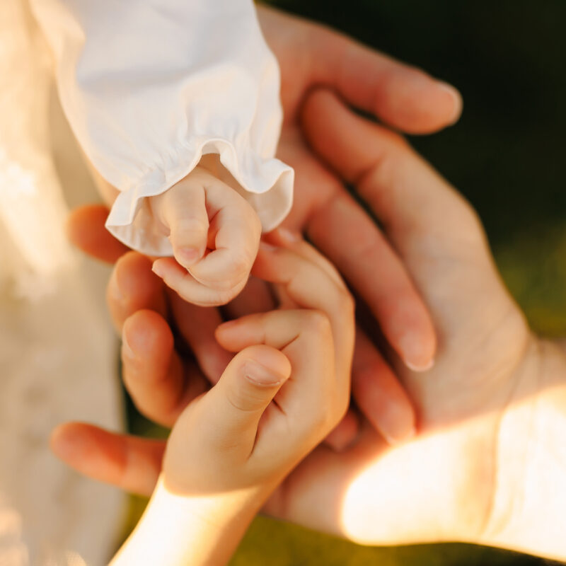 Close-up of an adult’s hands gently holding a baby’s and a child’s hands outdoors, showing a tender moment of care, connection, and support between generations in warm, natural light.