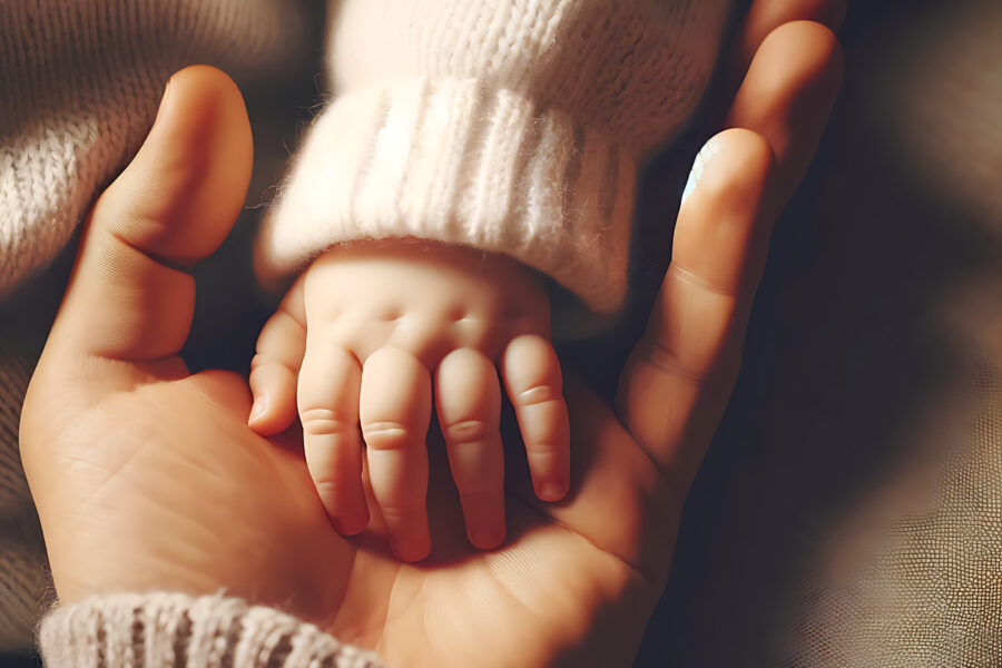 A close-up of an adult hand gently holding a babys hand. The baby is wearing a white knitted sweater, and the scene has a warm, soft-focus effect, highlighting the tenderness and connection between them.