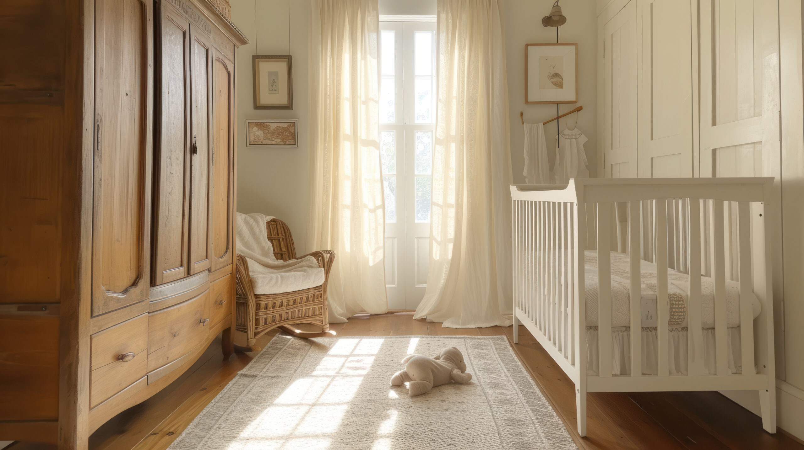 Cozy and natural nursery room with soft lighting, featuring a white crib, wooden furniture, and gentle textiles, invoking a peaceful atmosphere