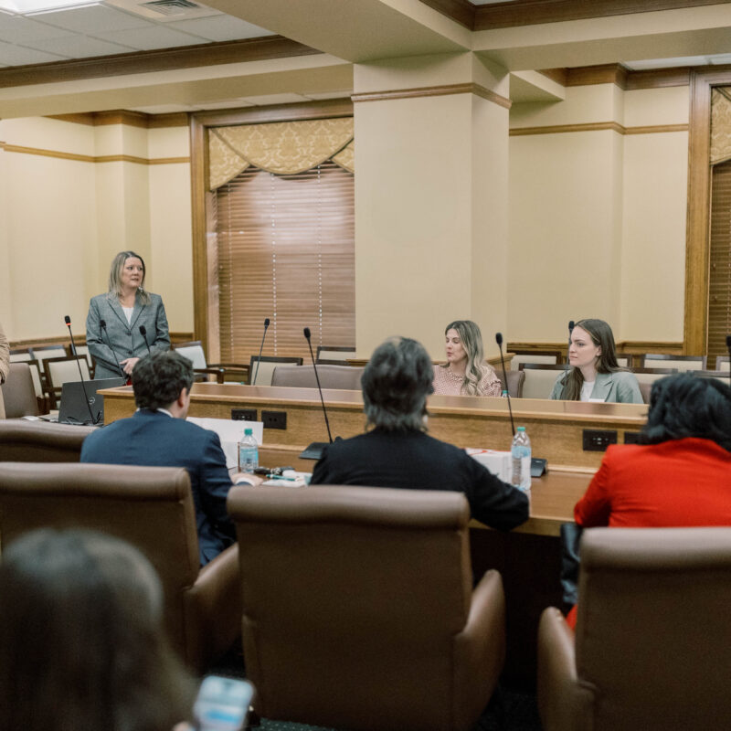 A group of people sit and stand around a conference table in a formal meeting room with microphones, wood paneling, and large windows with blinds. Two women stand at the front addressing the seated participants about pro-life safety net initiatives.