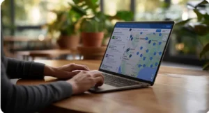Person typing on a laptop displaying a map of the United States with multiple blue location pins, alongside a list panel, in a café setting with plants in the background.