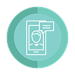Icon of a person’s portrait on a smartphone screen with a speech bubble, centered inside a teal circular background.