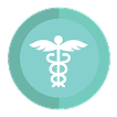 A turquoise circular icon with a white caduceus symbol, featuring two snakes winding around a winged staff, centered on a light blue-green background.