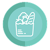 A teal circular icon with a white outline of a grocery bag containing a loaf of bread, lettuce, and other food items in the center.