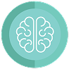 A circular teal icon with a simple white outline of a brain in the center, symbolizing intelligence, mental health, or cognitive function.