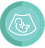 A circular teal icon featuring a white outline of an ultrasound image with a fetus inside, symbolizing pregnancy or prenatal care.