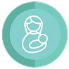 A teal circular icon with a white outline of a person holding a baby, suggesting themes of parenting, childcare, or motherhood.