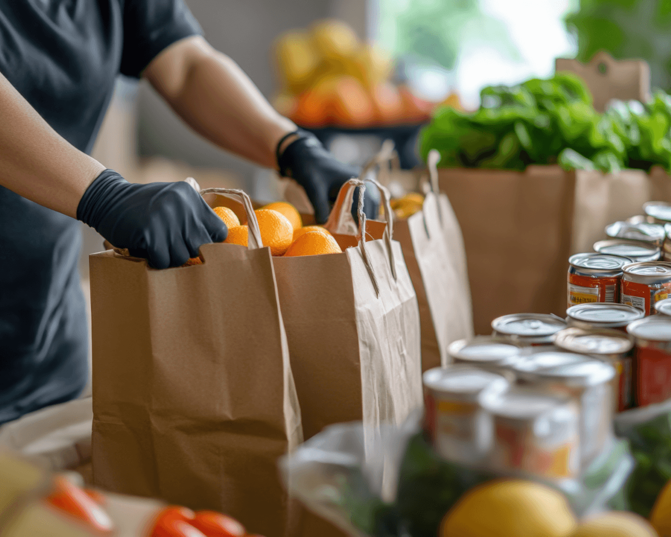 A person wearing black gloves packs oranges into a brown paper grocery bag surrounded by fresh produce, canned goods, and leafy greens on a table.