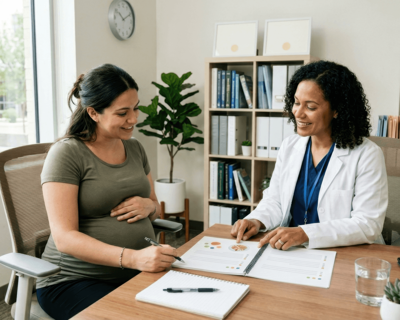 A pregnant woman sits at a desk with a healthcare professional, both smiling and reviewing charts and documents together in a medical office. A notepad and pen are on the desk.