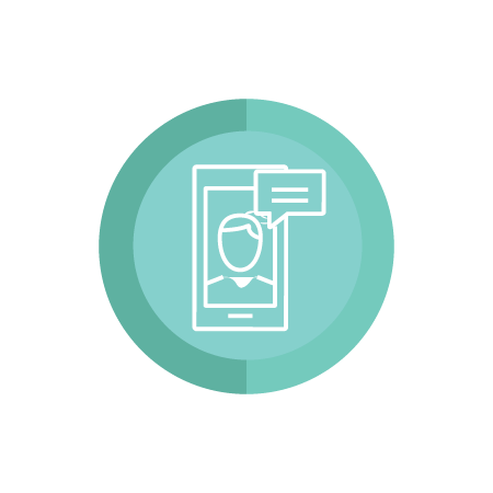 A circular teal icon with a white outline of a person on a smartphone screen and a speech bubble, representing messaging or communication via mobile device.