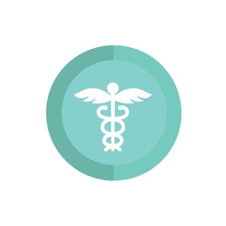 A teal circular icon with a white caduceus symbol, featuring two snakes winding around a winged staff, centered on a light blue background.