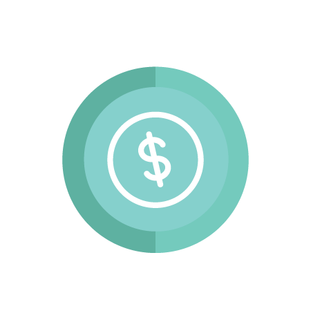 A teal circular icon with a white dollar sign in the center, surrounded by concentric circles. The background is black.