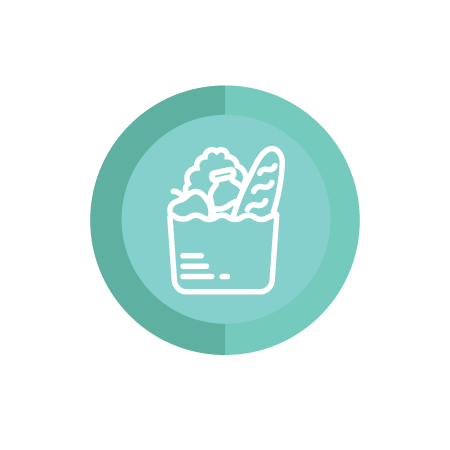 White line drawing of a grocery bag filled with food items, including bread and vegetables, centered on a teal circular background.