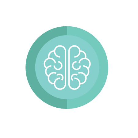 A teal circular icon with a white outline of a brain in the center, representing intelligence or mental activity.