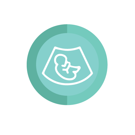 A teal circular icon with a white outline of an ultrasound image showing a fetus inside the womb.