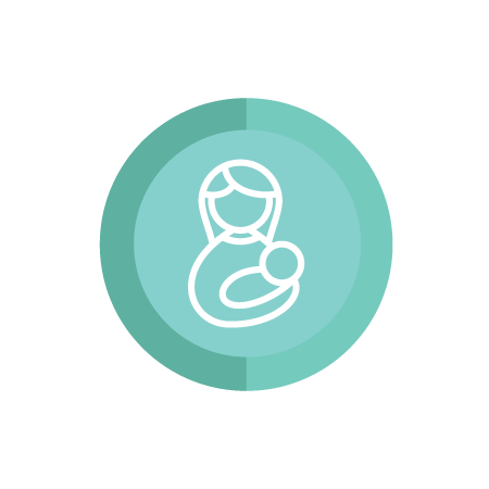 A teal circular icon with a white outline of a person cradling a baby, symbolizing motherhood or childcare.